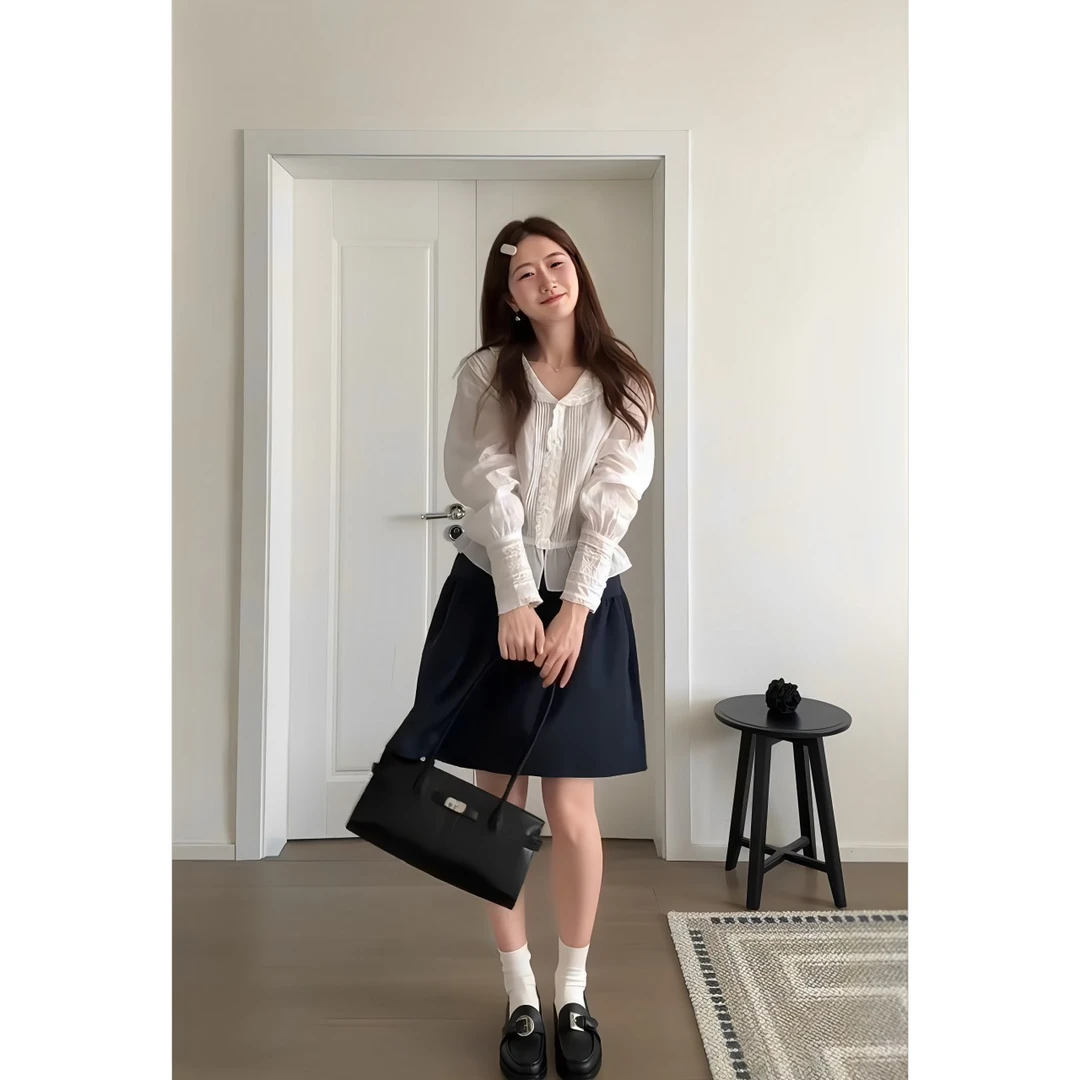 MARIE.COCO韩系学院风娃娃领长袖防晒衬衫女日杂风五分半身裙套装
