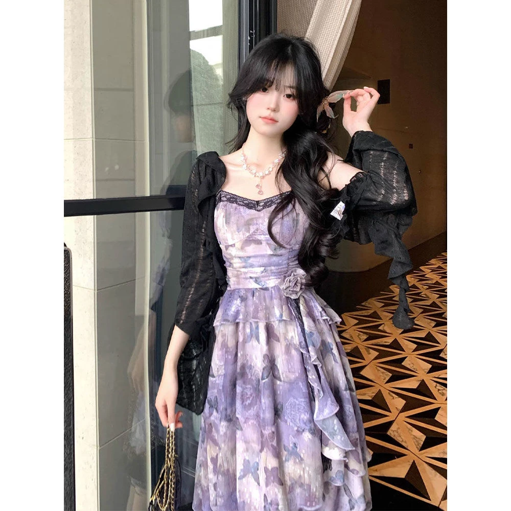 不规则蝴蝶印花吊带连衣裙收腰显瘦开衫两件套春游出行衣服高质感