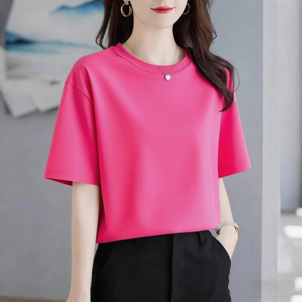 纯色大码玫红纯棉内搭T恤女短袖夏季宽松洋气遮肉显瘦打底上衣服