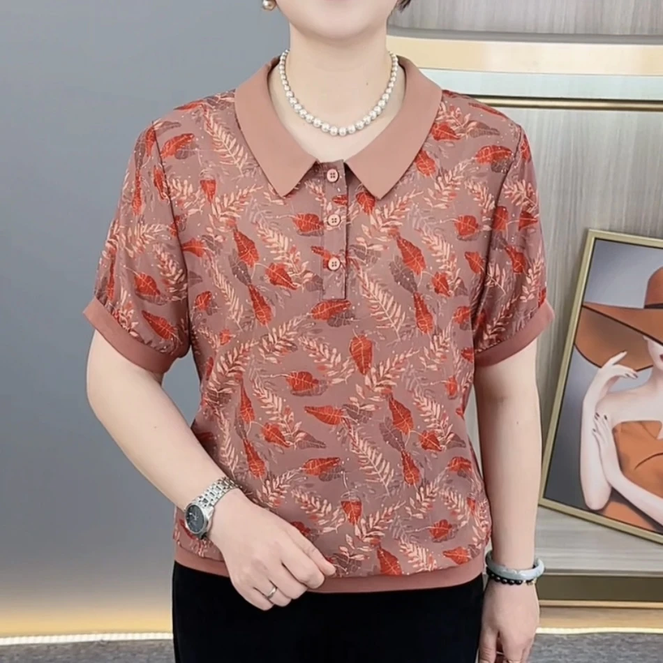 夏季新款精致娃娃领印花气质妈妈装宽松休闲百搭短袖上衣H628