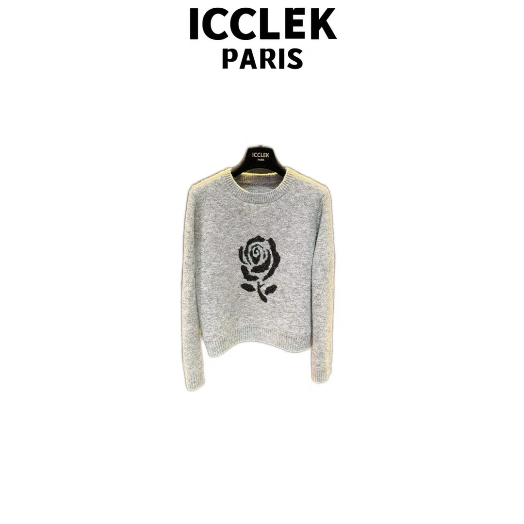 ICCLEK 灰色刺绣花朵圆领长袖针织衫-9427