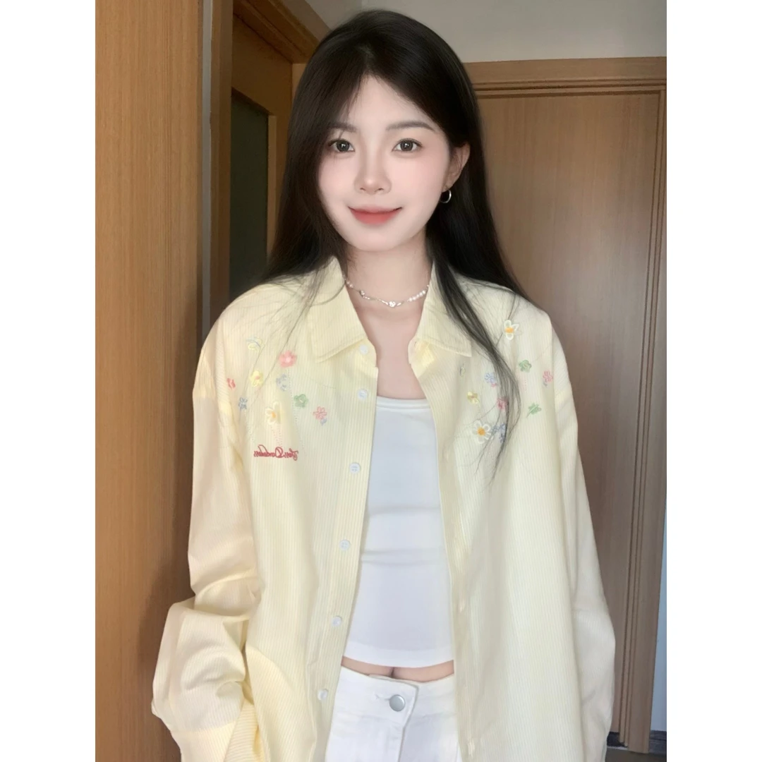 国潮牌立体花朵刺绣黄色条纹衬衫外套女夏季薄款开衫百搭上衣显瘦