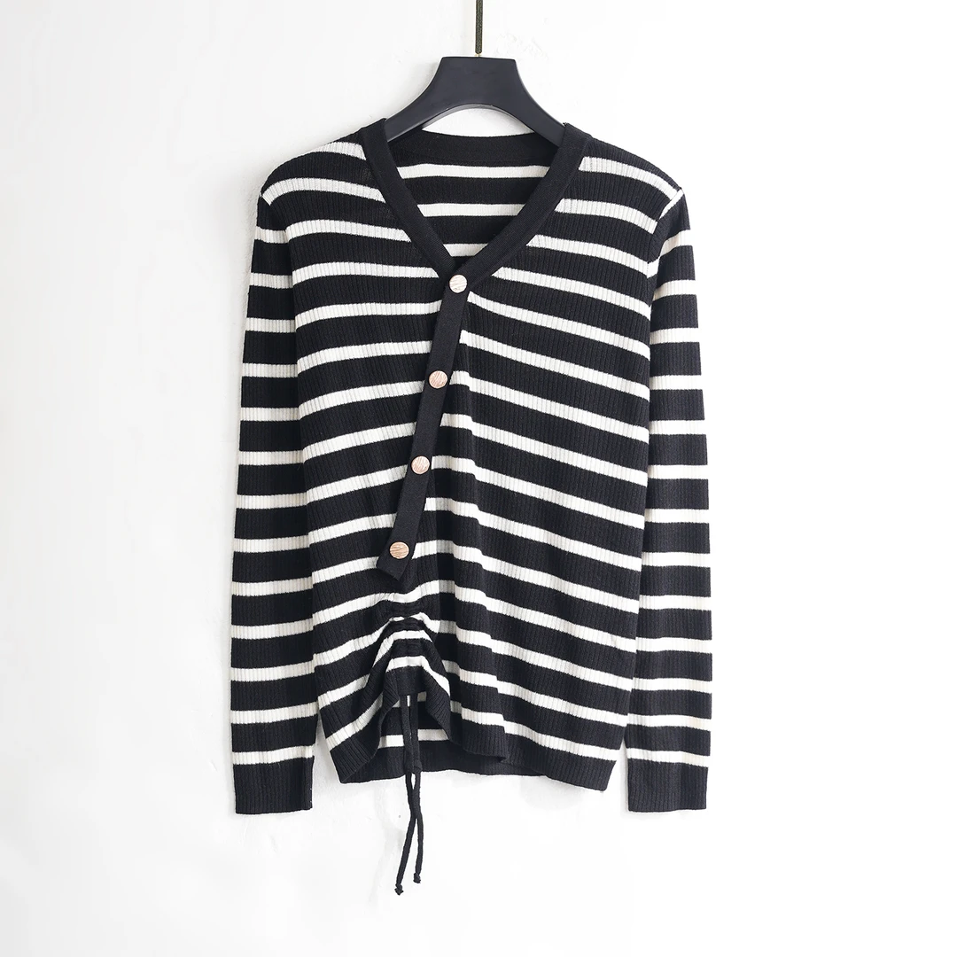 【春季新款】C5849条纹时尚洋气百搭抽绳V领休闲简约套头长袖针织衫