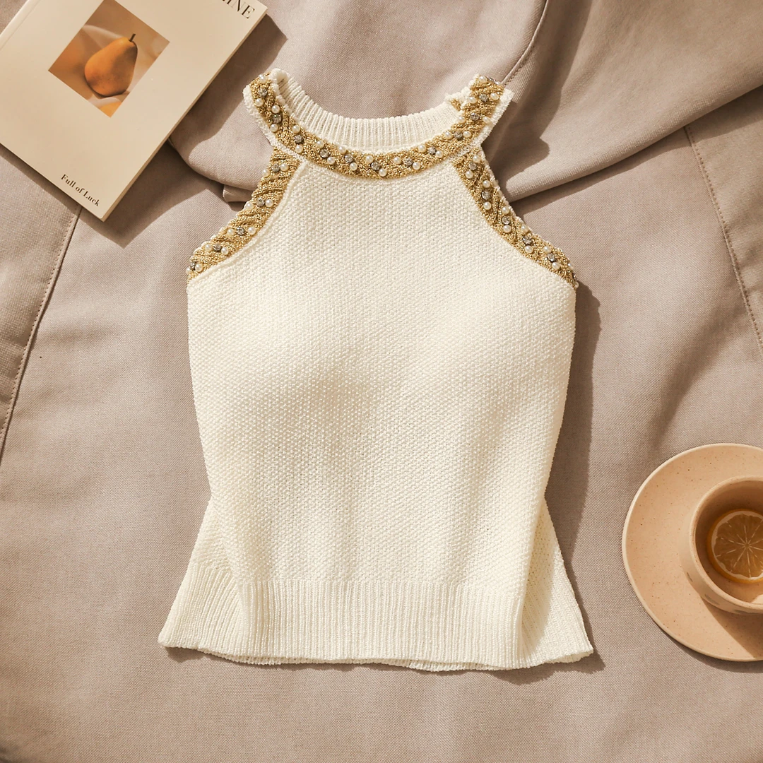 辣妹钉珠挂脖吊带背心女夏针织性感露肩修身显瘦设计感无袖上衣