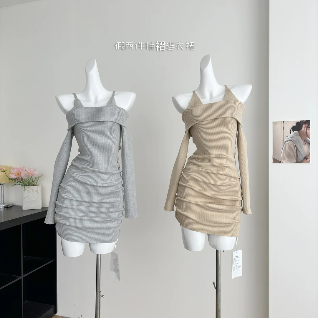 CCZEE【温柔交织】设计感长袖露肩假两件抽褶早秋针织连衣裙女显瘦