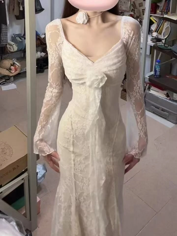 pinkmoon||法式气质名媛淑女长袖连衣裙女重工别致绝美飘带长裙子