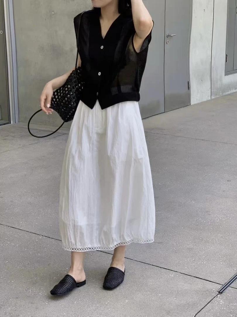 LMM 6920 夏季新款韩系半松紧腰镂空拼接半身裙女宽松显瘦a字洋气