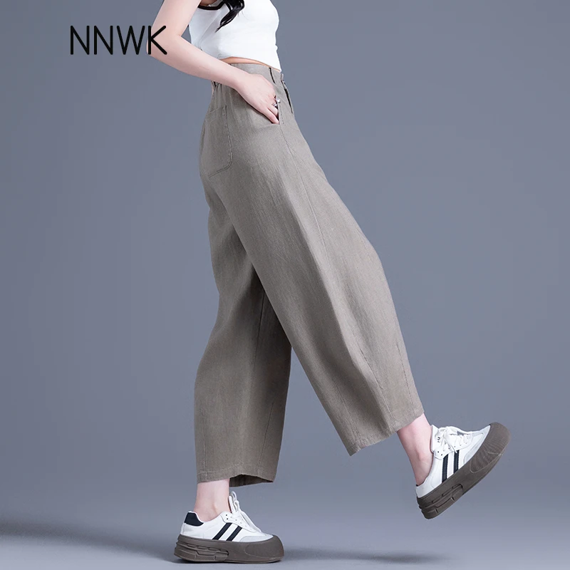 女士日系宽松高腰休闲亚麻裤子女夏季薄款九分裤灯笼阔腿裤哈伦裤