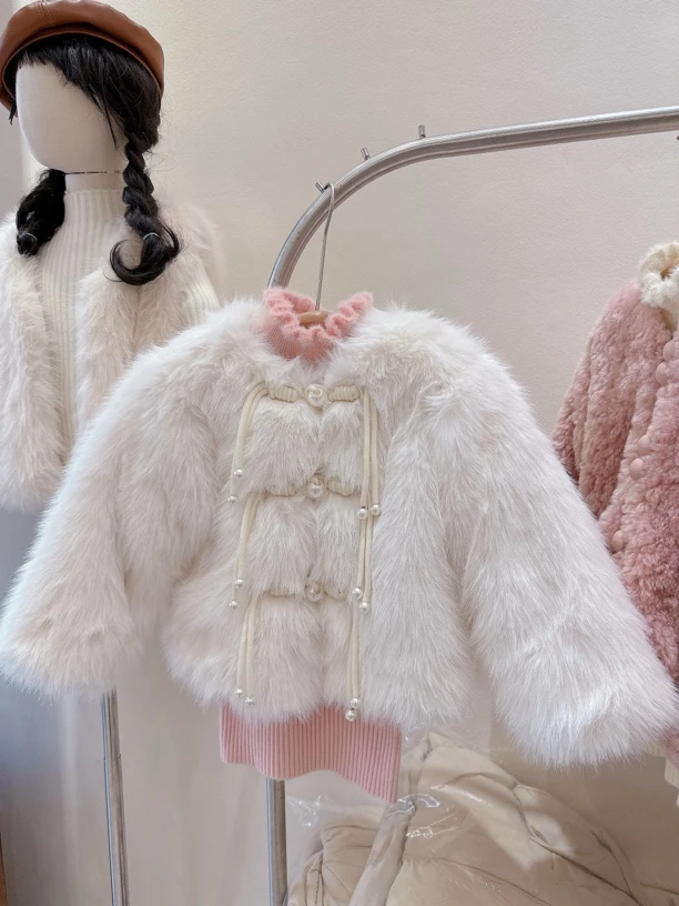 女童国风新中式仿兔毛皮草夹棉外套