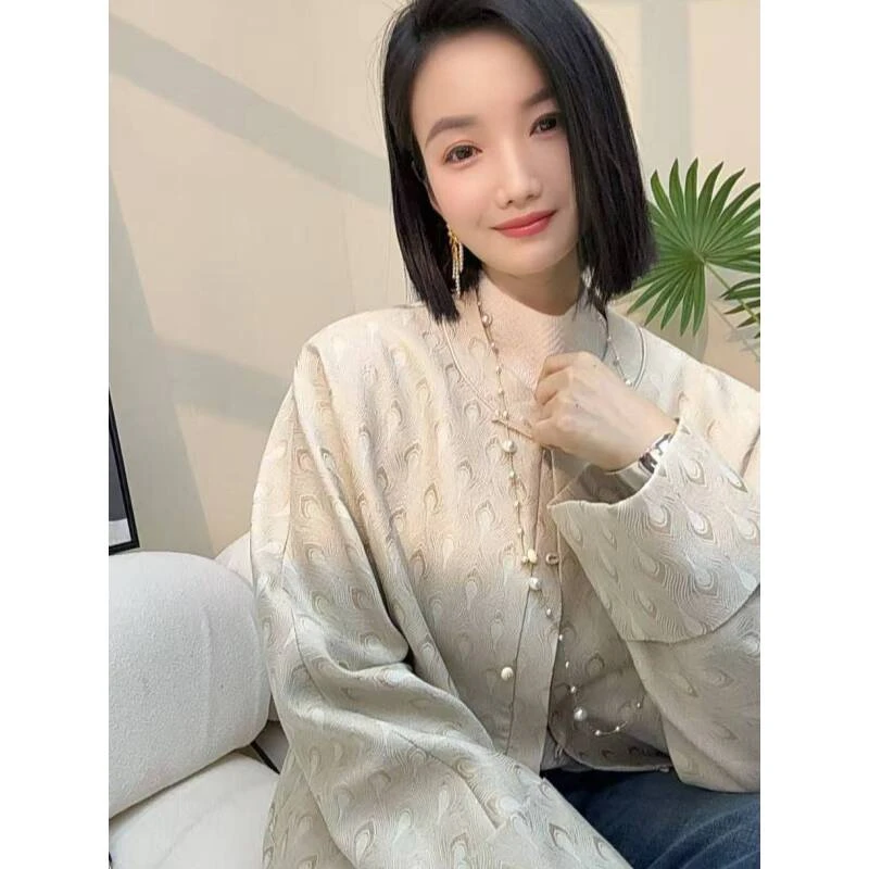 QIAN【上久楷·孔雀翎羽·凤白】桑蚕丝+羊毛新中式上衣外套