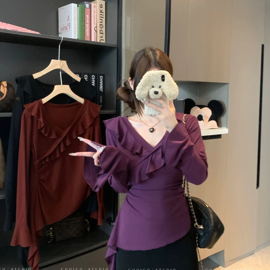 喇叭袖荷叶边v领长袖t恤女秋季大码胖mm修身显瘦褶皱收腰短款上衣