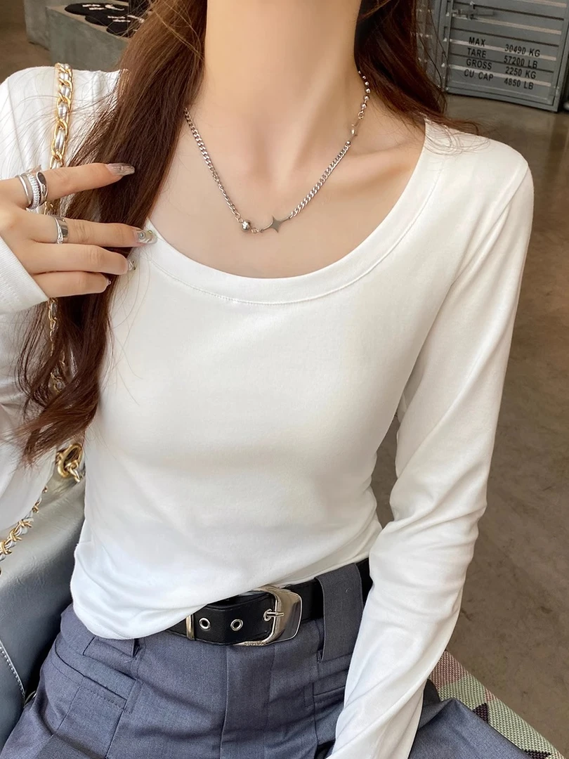 棉质早秋短款U领显瘦修身长袖T恤女百搭显瘦设计感休闲纯色上衣