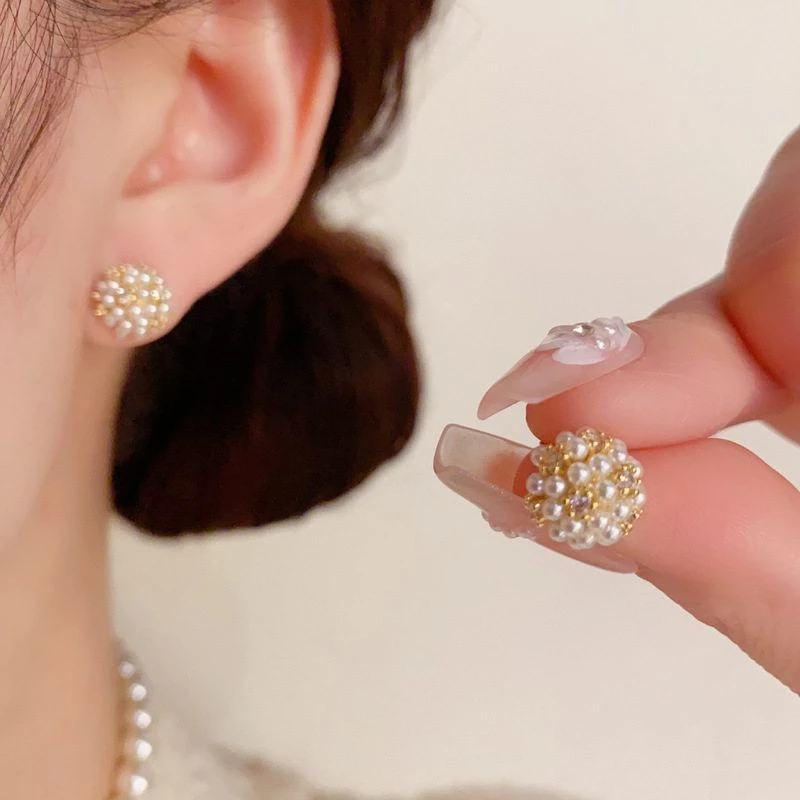 铜合金耳饰 气质小耳钉球球小众设计女珍珠耳环s925百搭银针精致