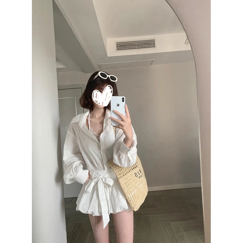 法式镂空刺绣白色连衣裙女春季新款收腰花苞裙短裙蕾丝吊带套装