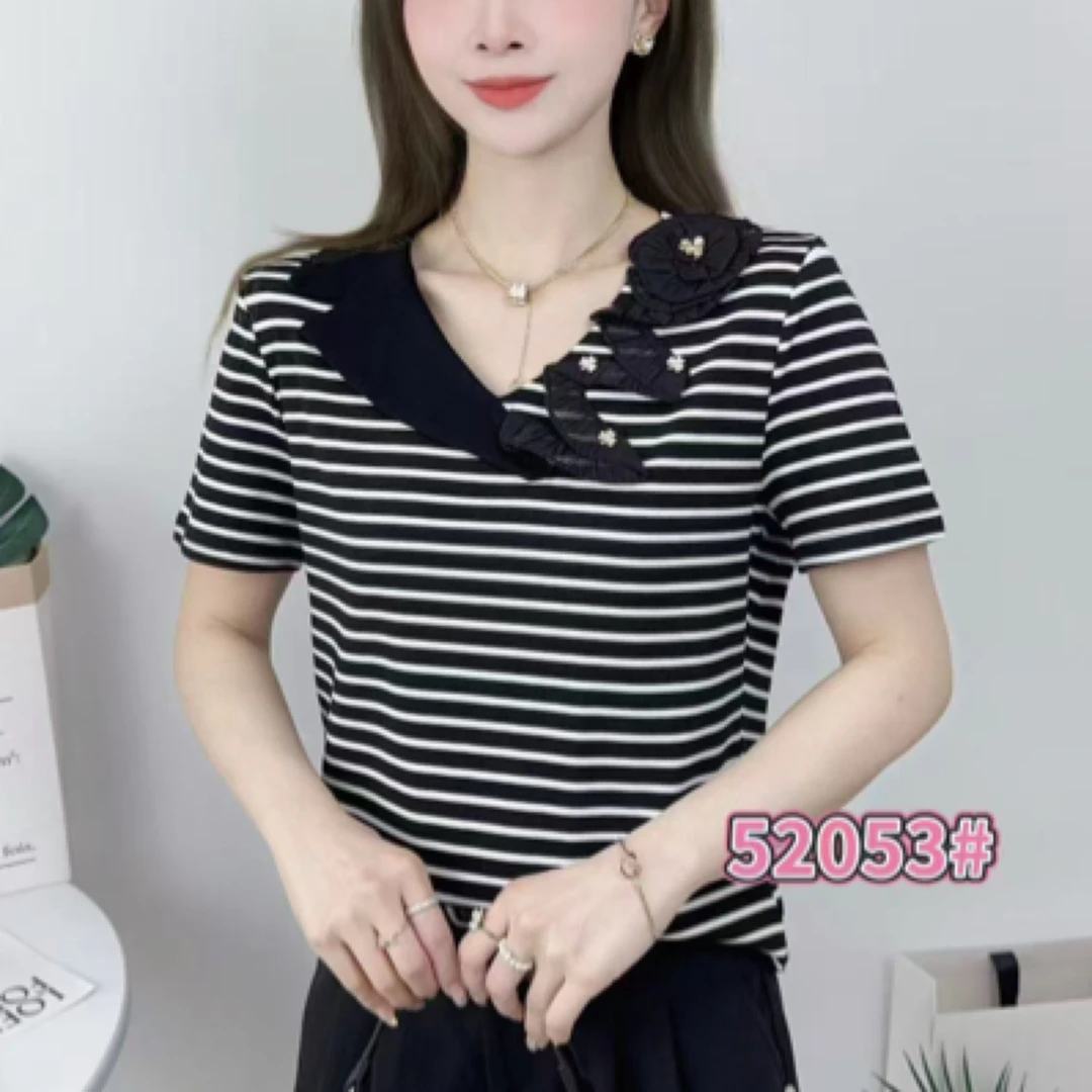 52053#【衣长53】 拼接短袖淑女纽扣纯色修身型T恤韩版百搭夏季女士