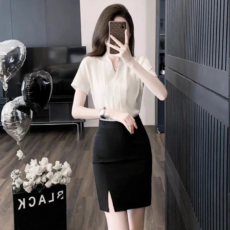 前台接待职业装套装夏季女衬衫礼仪工装美容师工作服ol气质套装裙