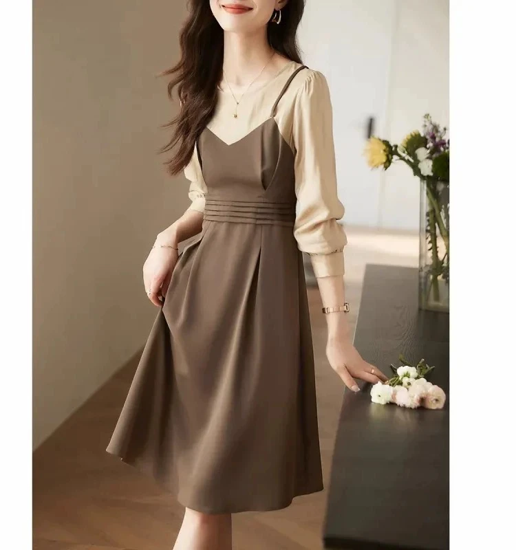 [H1304咖绿连衣裙女士时尚气约潮拼接裙子春秋色牛ssss橘黑