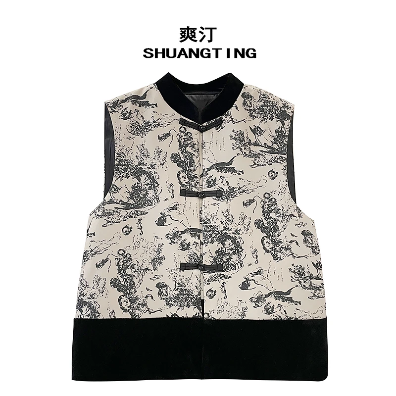 Jokara/丘可儿【寻梦】新中式国潮丝绒拼接提花马甲国风盘扣马夹春