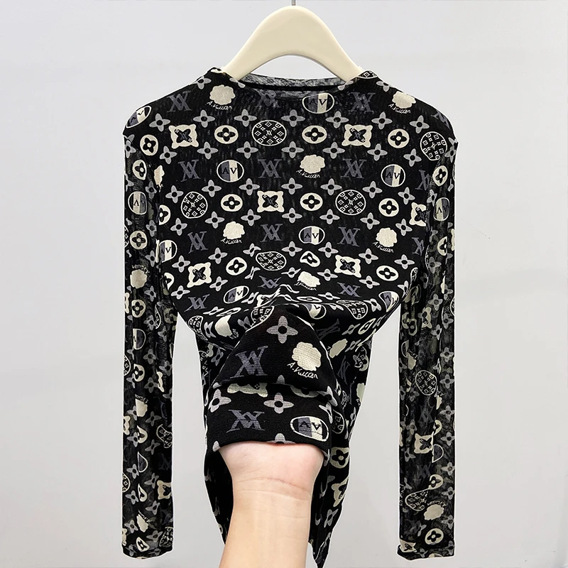 8249#高贵上档次小衫2025秋季新款气质时尚长袖网纱打底衫上衣女