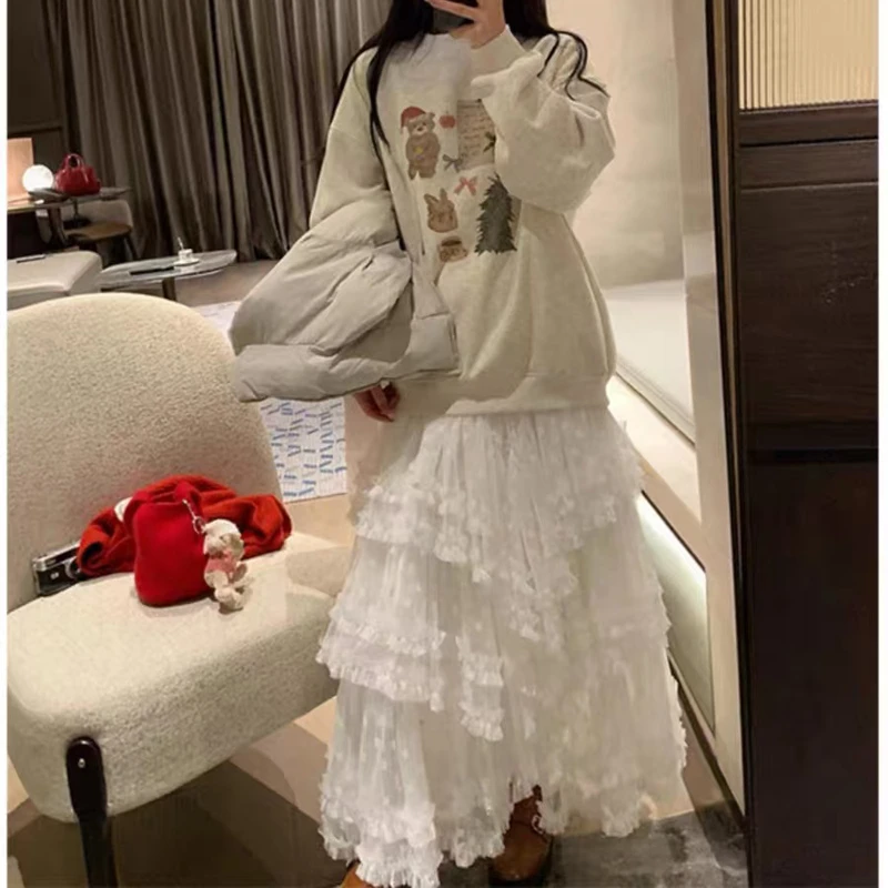 韩版重工松紧腰蕾丝木耳边半身裙 2025秋季新款甜美超仙长裙 9805