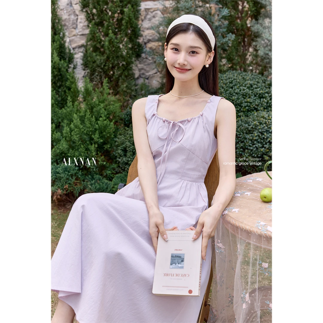 鹿向南「薰衣草乐园」法式无袖紫色连衣裙夏装新款时尚长裙女L53982
