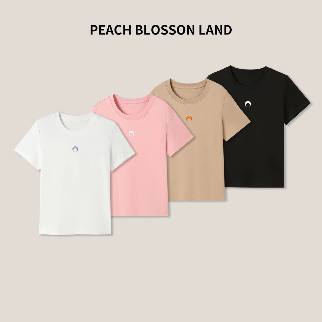 【吉岚】休闲简约月亮刺绣女士纯色圆领短袖百搭T恤SS23105