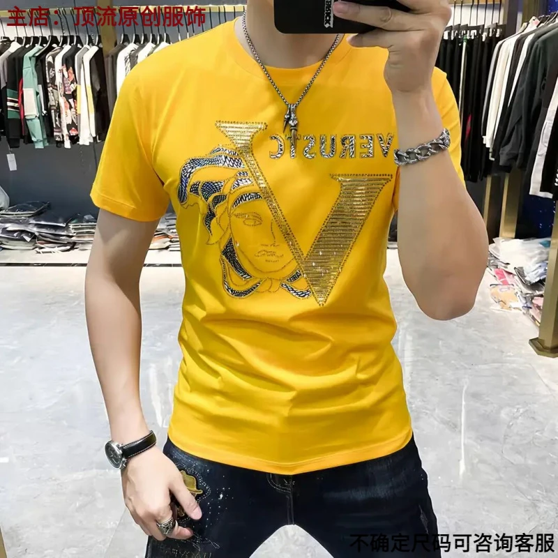 短袖T恤男修身春夏季2025潮牌高端丝光体恤款美人头印花烫钻欧货