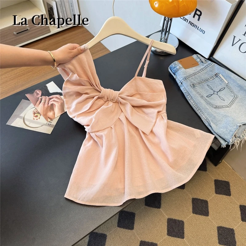 拉夏贝尔韩系高级感蝴蝶结吊带背心女夏装新款显瘦露肩上衣外穿