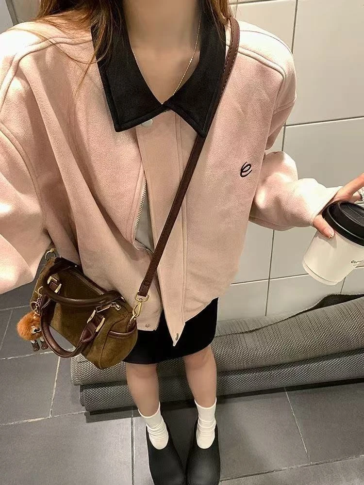 甜美风翻领休闲夹克上衣女秋季小众设计感宽松美式外套