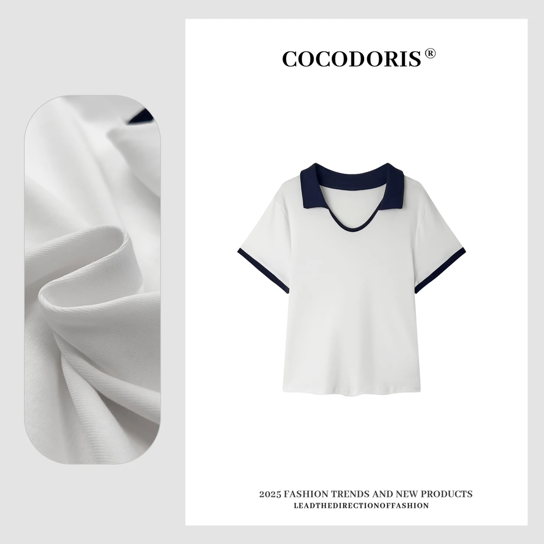 COCO DORIS 2025新款Polo领时尚撞色短袖T恤通勤百搭休闲上衣1231