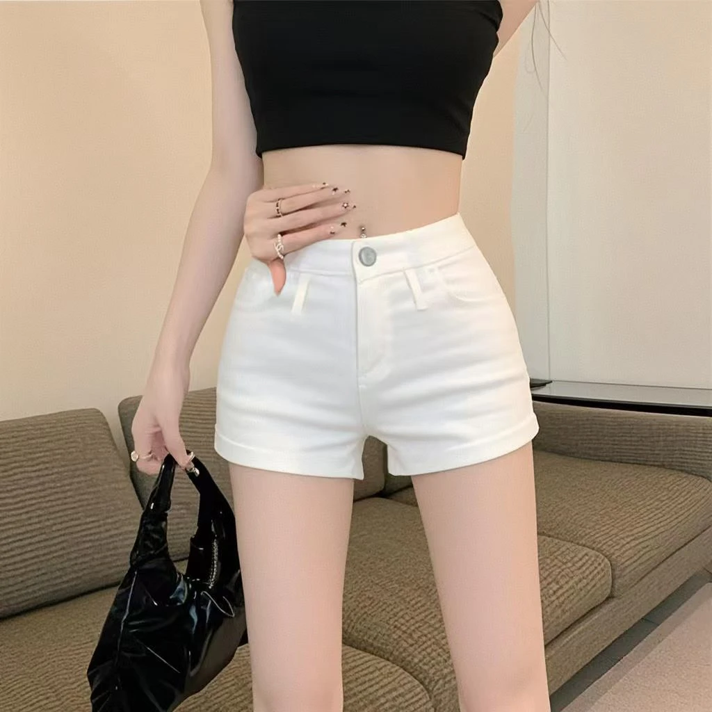 口袋拉链白色牛仔短裤女高腰显瘦紧身提臀热裤夏小个子弹力A字裤