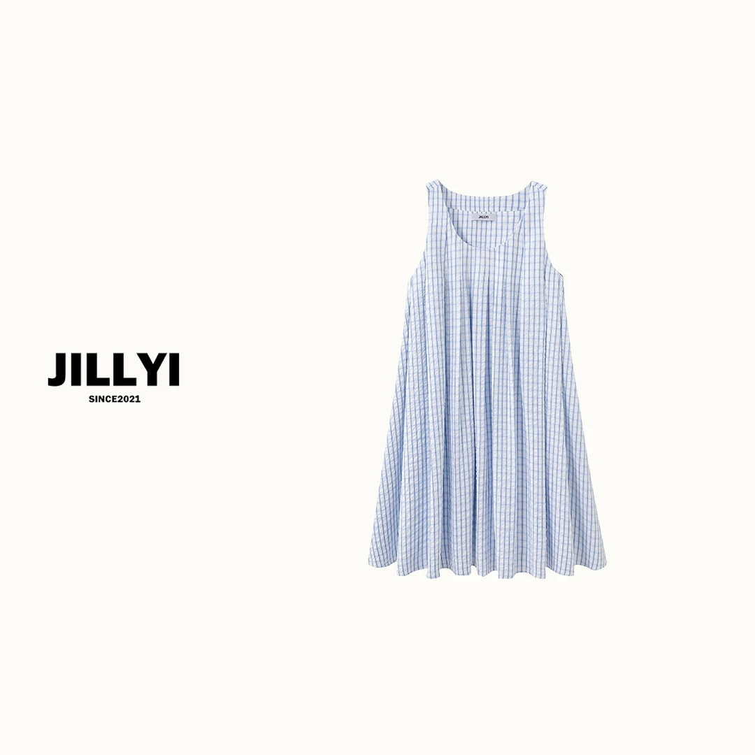 JILLYI南山店【海岸精灵】蓝色格子圆领无袖慵懒风百搭显瘦连衣裙
