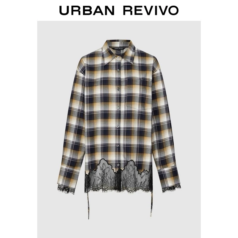 UR2026春季新款女装潮流格纹拼接开襟衬衫UWJ260008#