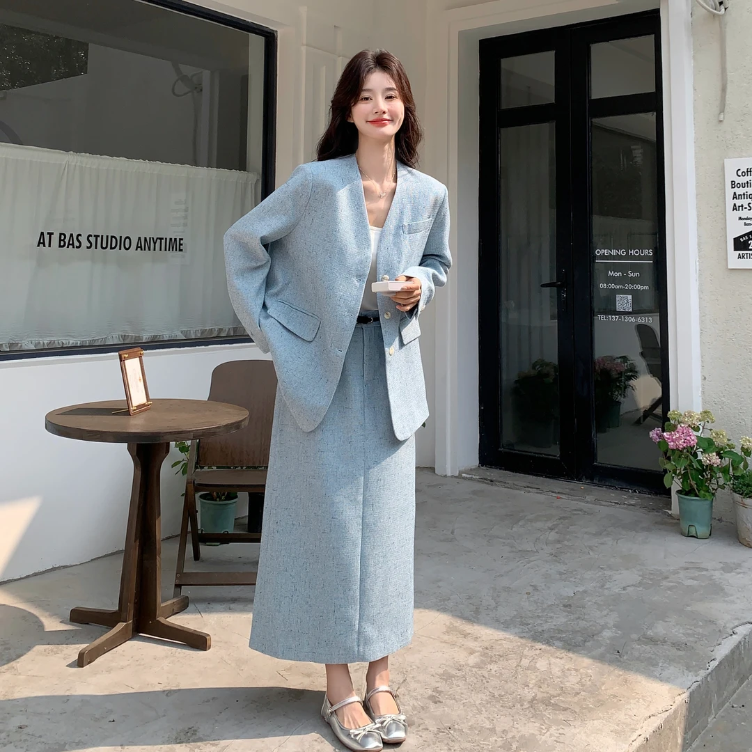 小香风蓝色西装套装女春秋2025新款复古韩系流行超火半身裙两件套