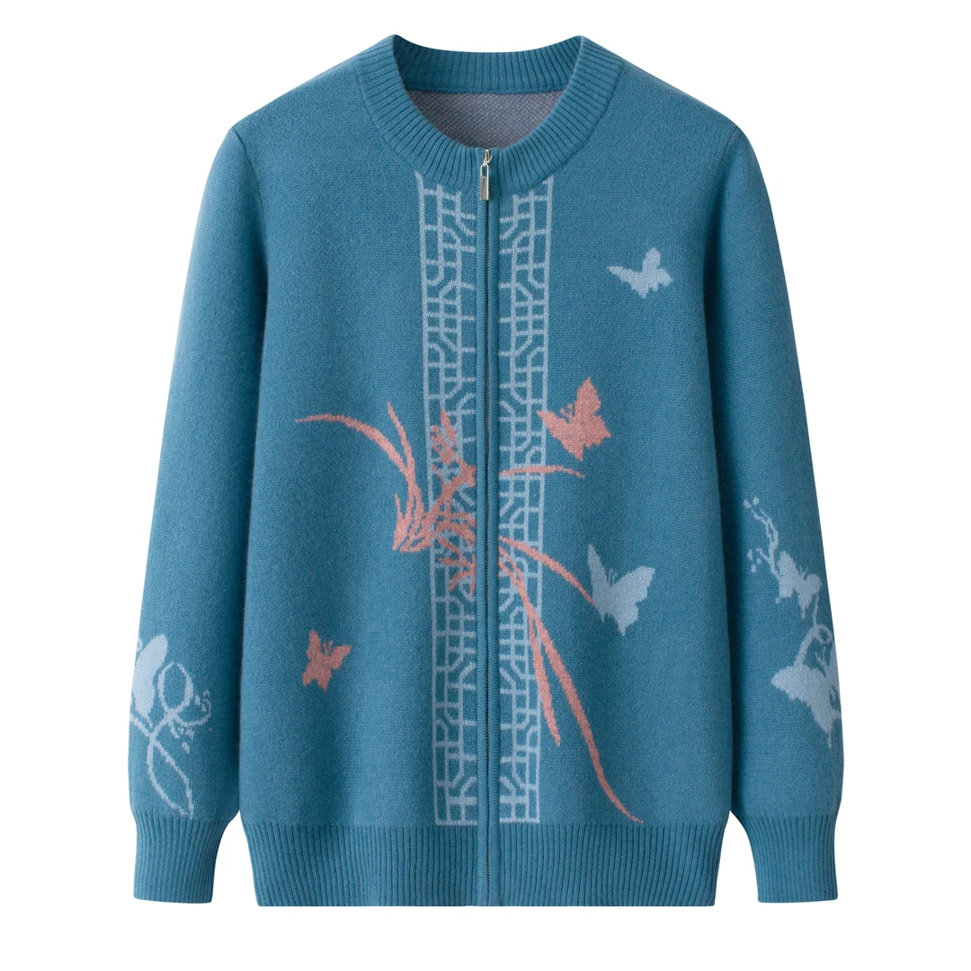 100纯羊毛中老年妈妈装开衫外套圆领蝴蝶提花针织衫宽松奶奶毛衣