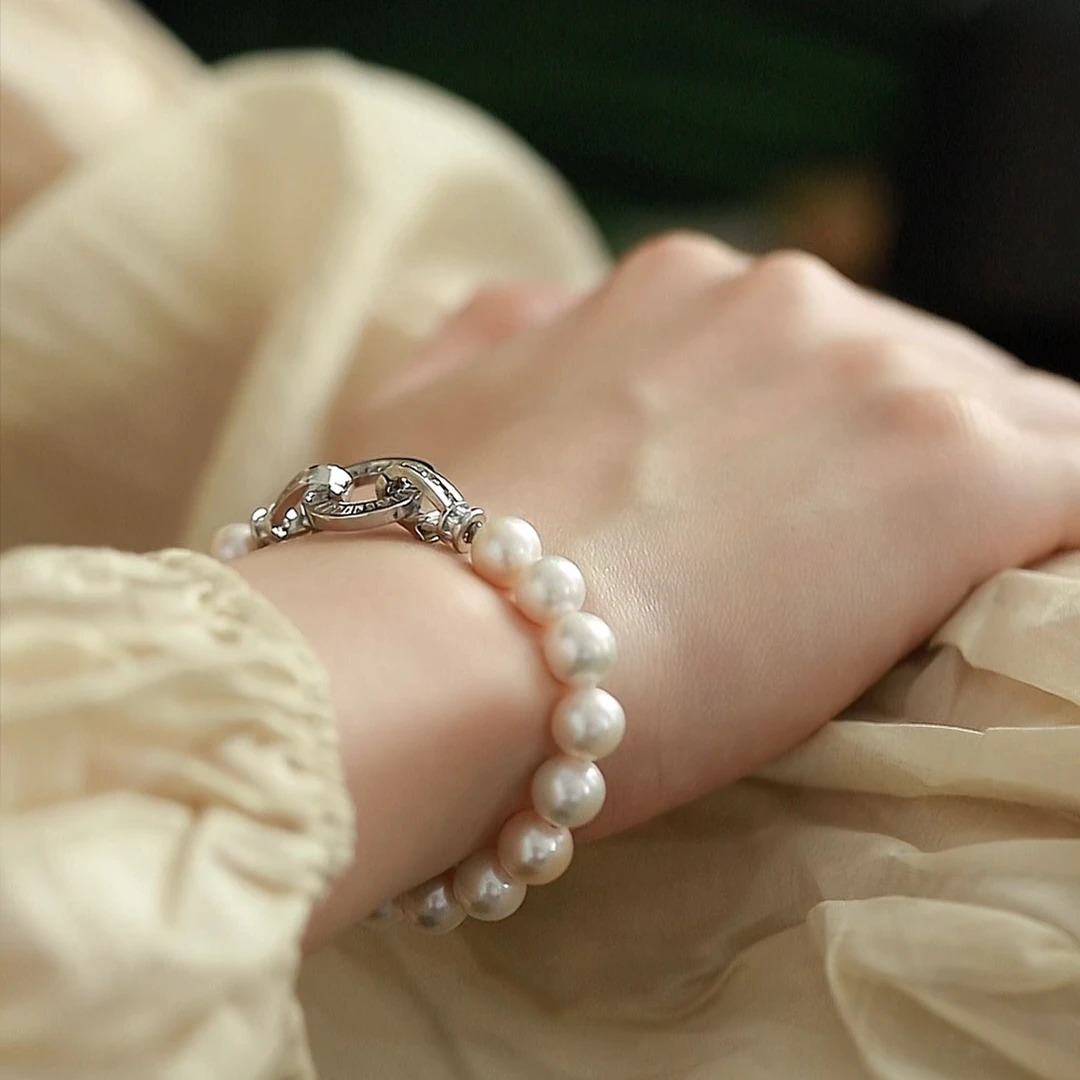 珍氏珠宝 天然淡水珍珠手链女款 正圆S925银轻奢手串手饰 (白薇)