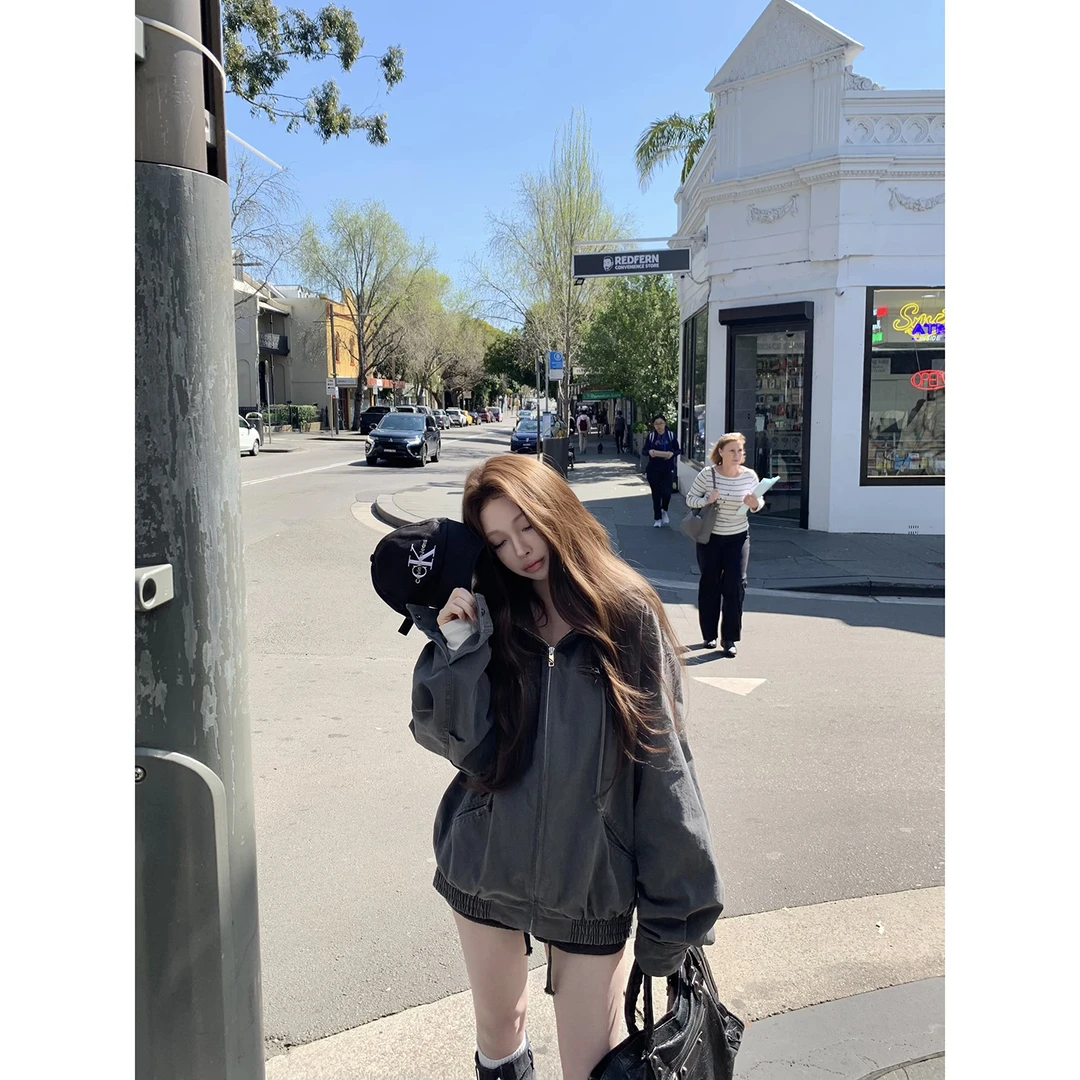 Suuuicee 枯叶威士忌 水做旧重工连帽加绒夹克女小个子外套