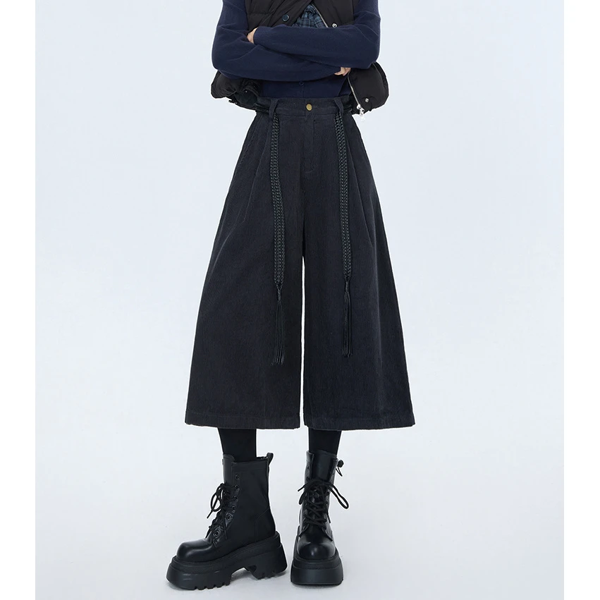 深灰色灯芯绒八分阔腿裤女2025新款秋冬季加厚宽松直筒七分休闲裤