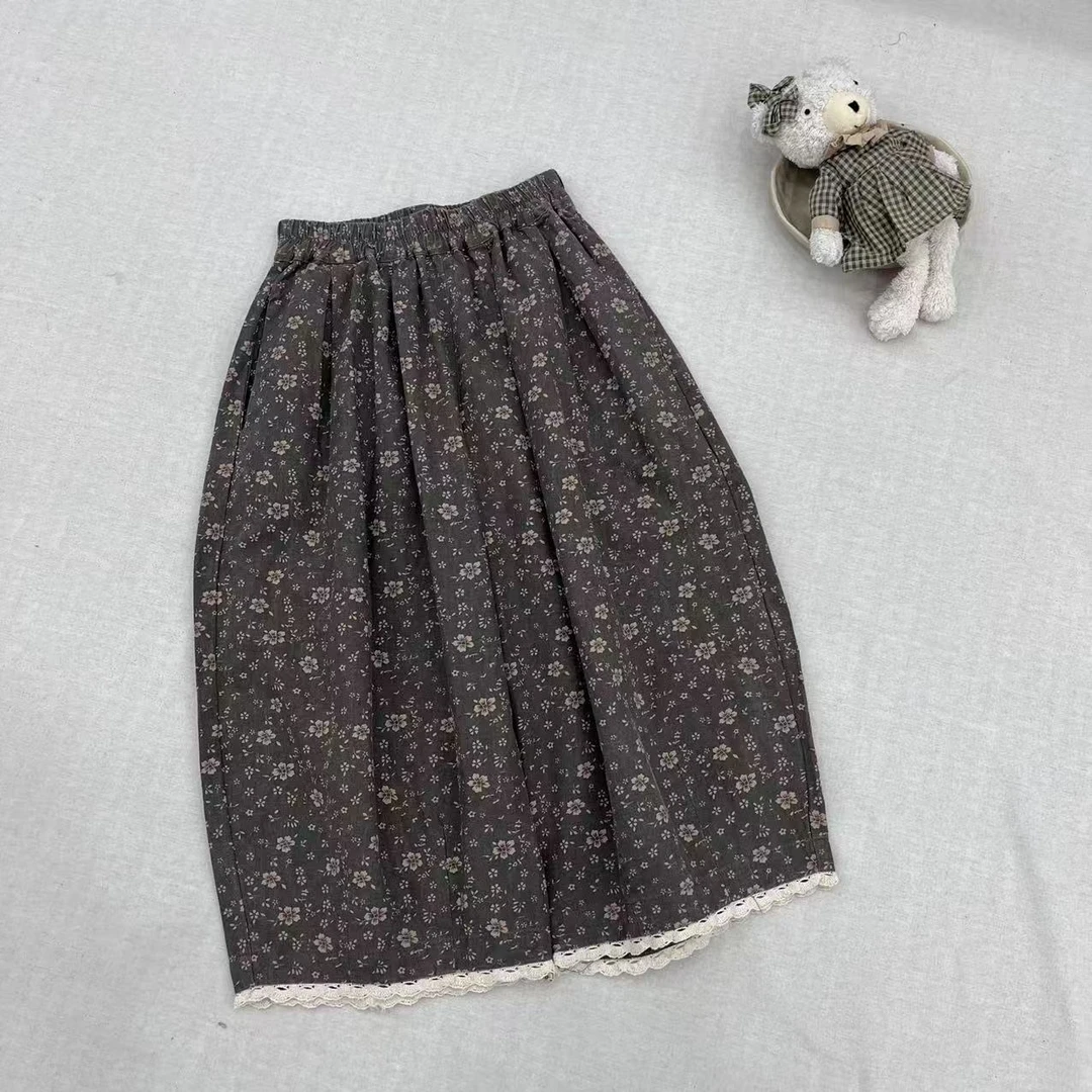 LUCK童装2025夏款儿童萌娃穿搭阔腿蕾丝边碎花休闲九分裤253029