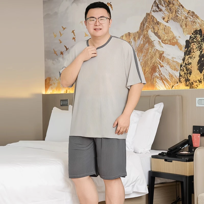 夏季薄款加肥加大码男双层纱冰丝短袖运动休闲透气宽松家居服睡衣