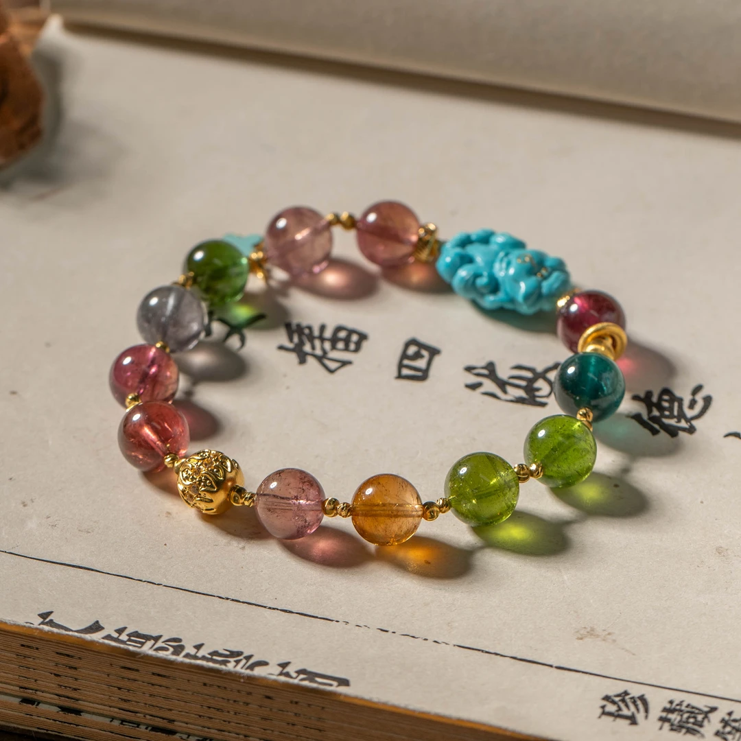 【世间臻宝】18K碧玺圆珠DIY绿松石手串/Q1779/多样性发/9mm/3