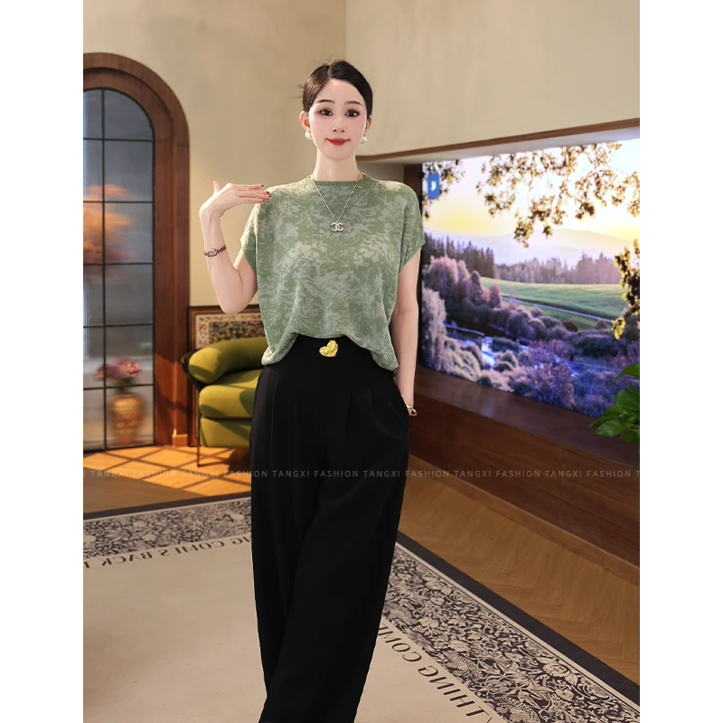2025夏新款【7166】绿色莱赛尔天丝印花圆领短袖显瘦百搭女装上衣
