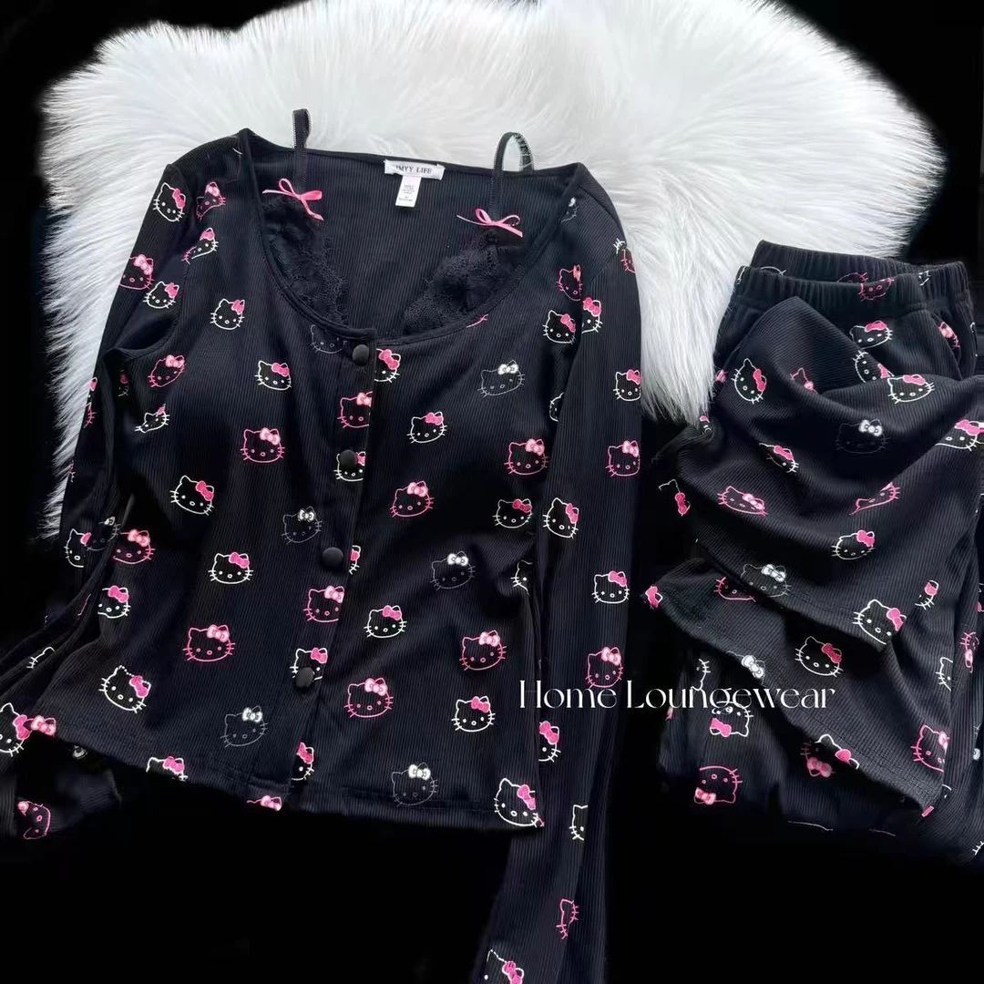【芭比Kitty】凯蒂猫莫代尔甜美可爱睡衣女春秋家居服带胸垫可外穿
