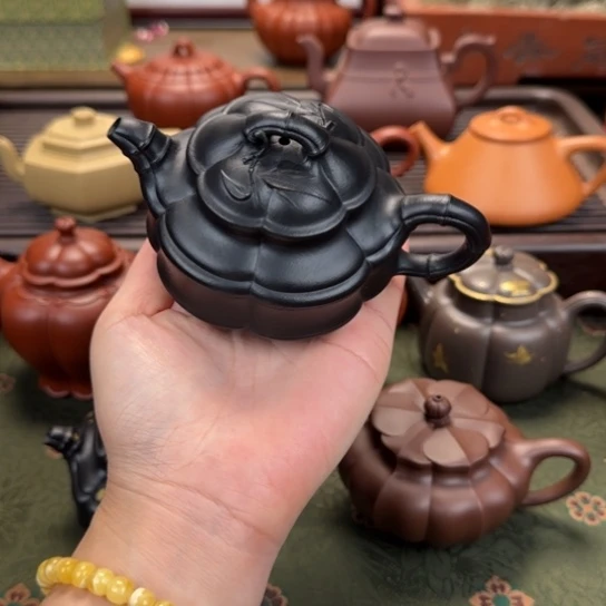 紫砂茶壶六方海棠竹鼓焐灰