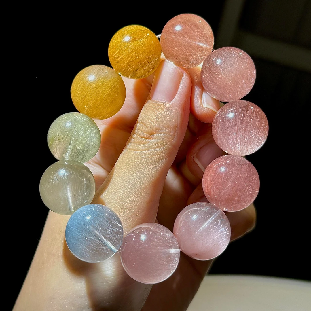 铜合金手链 高级感马卡龙渐变色彩兔毛大圆珠手链女透亮彩色手串