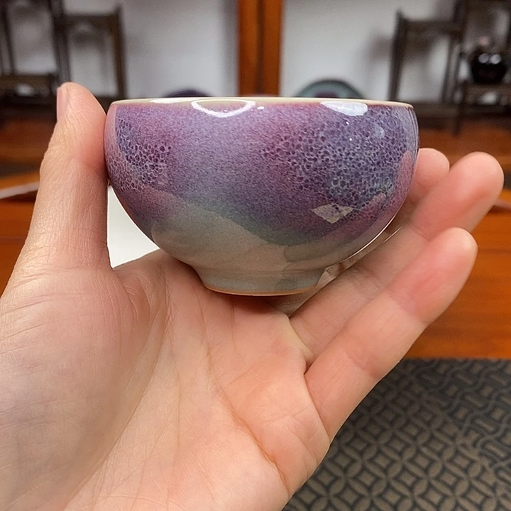 纯手工原矿釉天青色紫斑小莲子碗