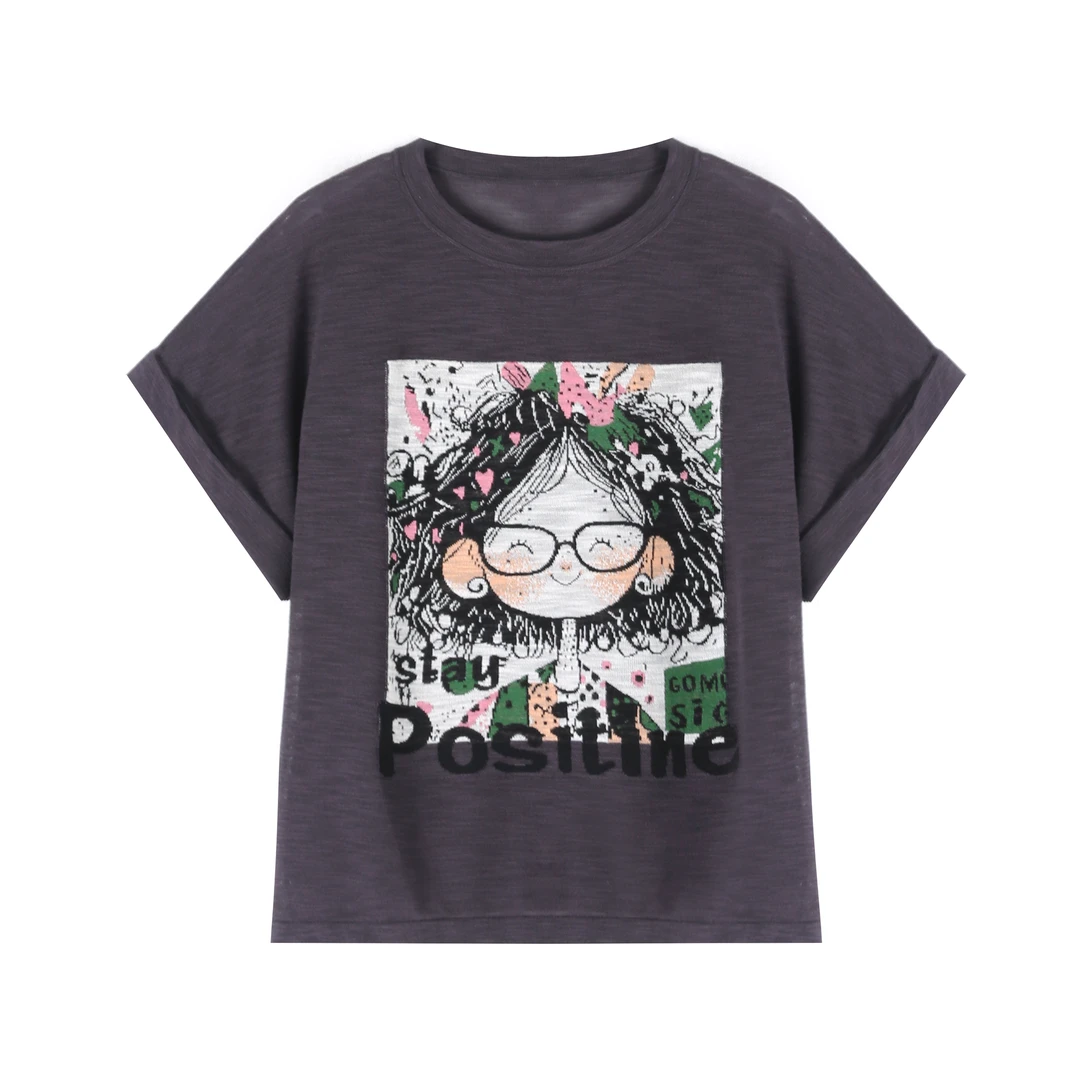 【眼镜女孩】夏季新款拼色竹节麻卡通图案T016