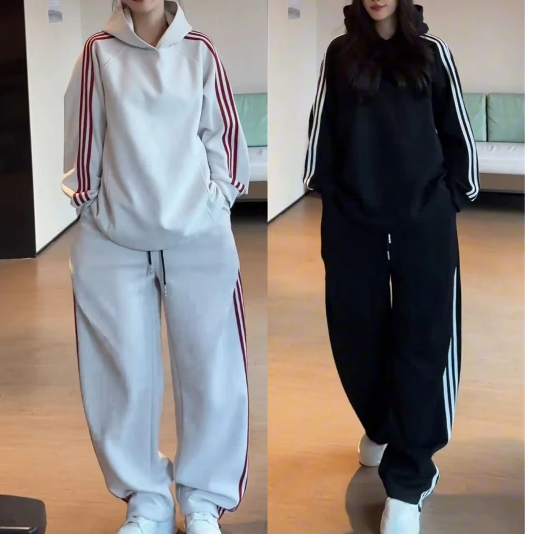 男女同款美式百搭连帽撞色三条杠长袖套头卫衣休闲长裤套装