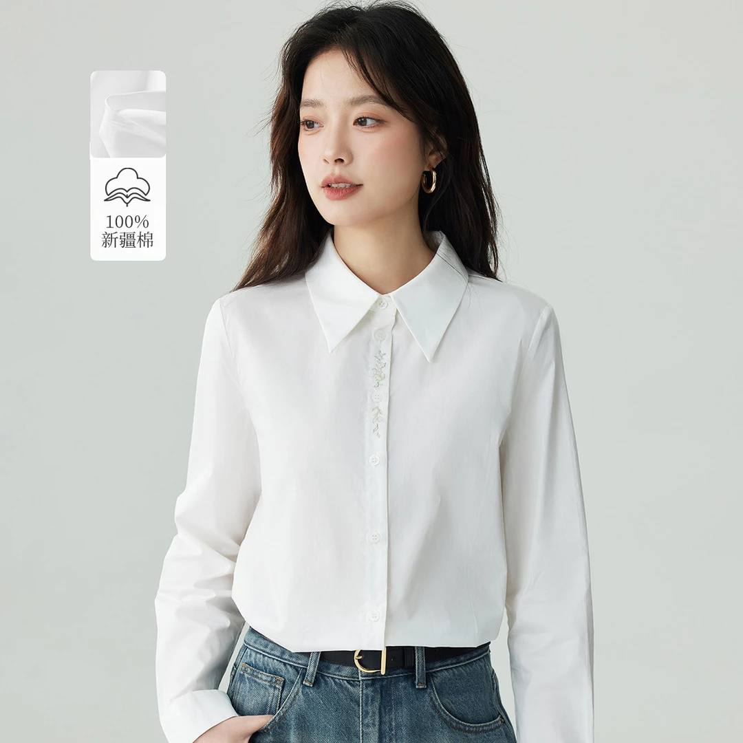 茵曼2025冬季新款女衬衫衬衣长袖纯棉刺绣通勤休闲针织衬衣