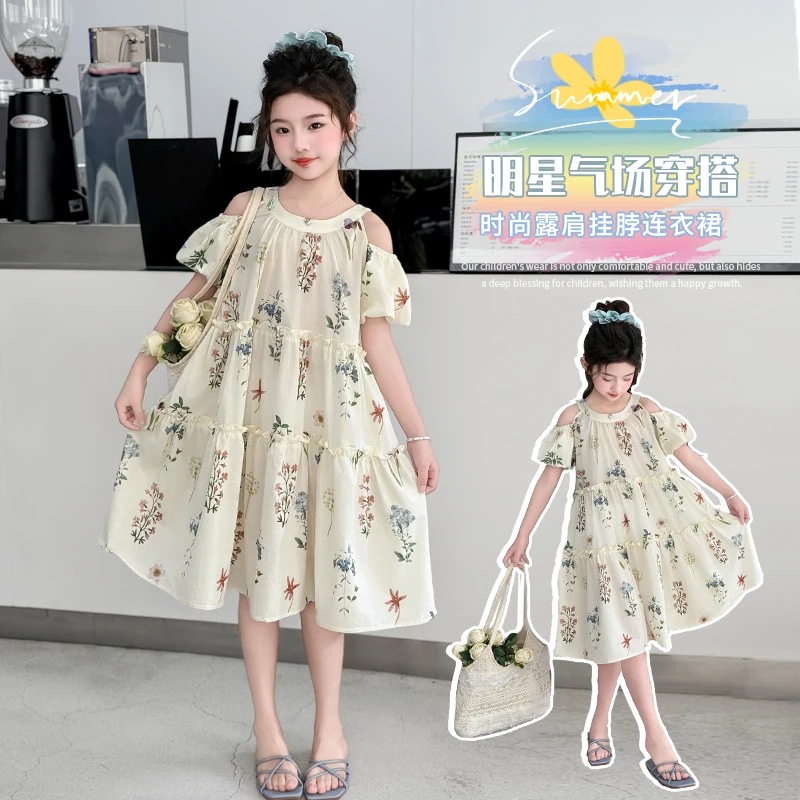 2025款女中大童夏季女孩时尚印花碎花挂脖夏款公主裙公主风连衣裙
